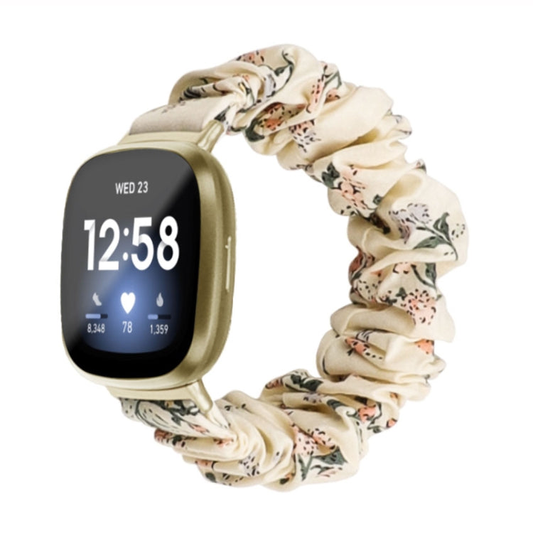 Cloth ring watch band with cream base and leafy floral print for smartwatch