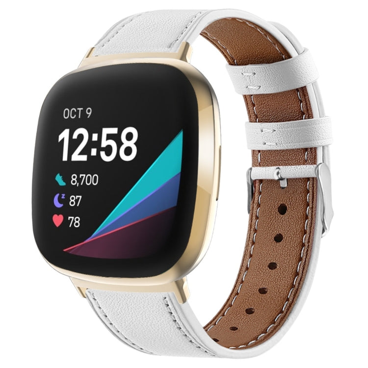 White genuine leather watch band with stitched holes and silver buckle for smartwatch.