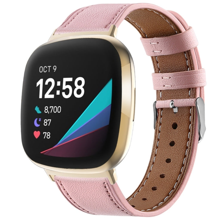 Pink genuine leather watch band with stitched holes and silver buckle for smartwatch.