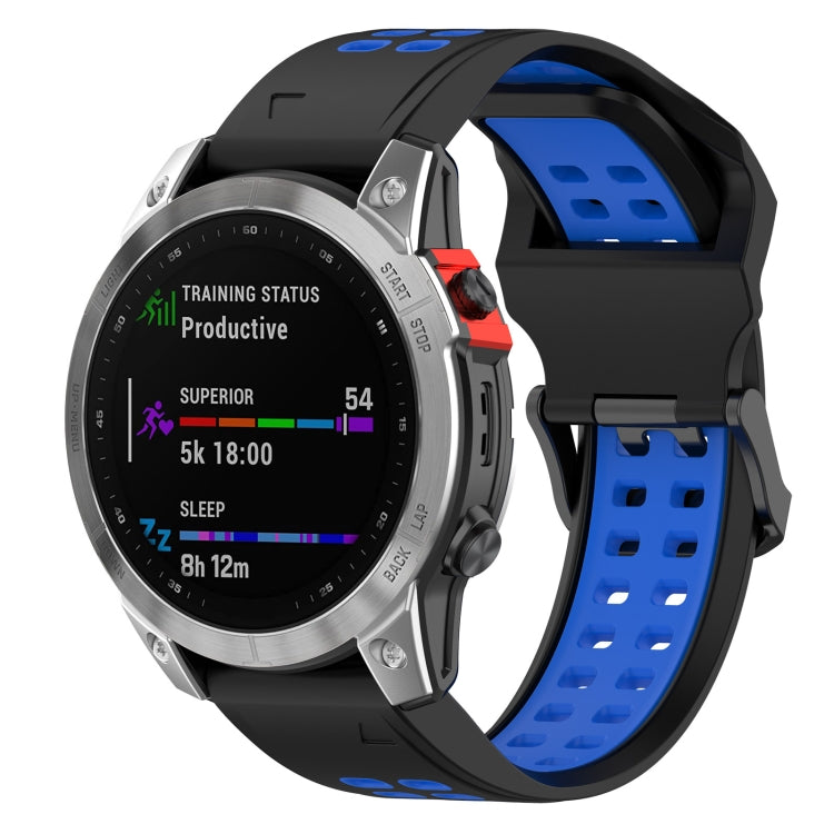 Silicone double-row watch band with black strap and bright blue perforated inserts