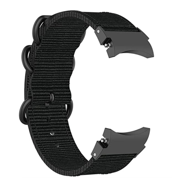 Black three-ring nylon watch band with adjustable strap and metal clasp