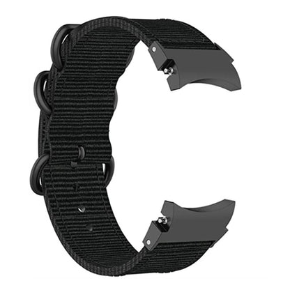 Black three-ring nylon watch band with adjustable strap and metal clasp