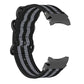 Black and gray striped three-ring nylon watch band with metal clasp
