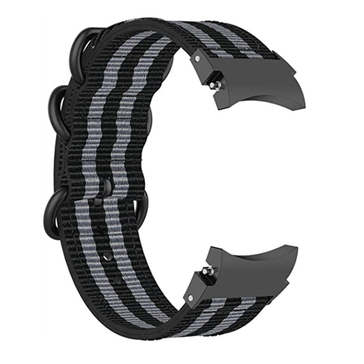 Black and gray striped three-ring nylon watch band with metal clasp