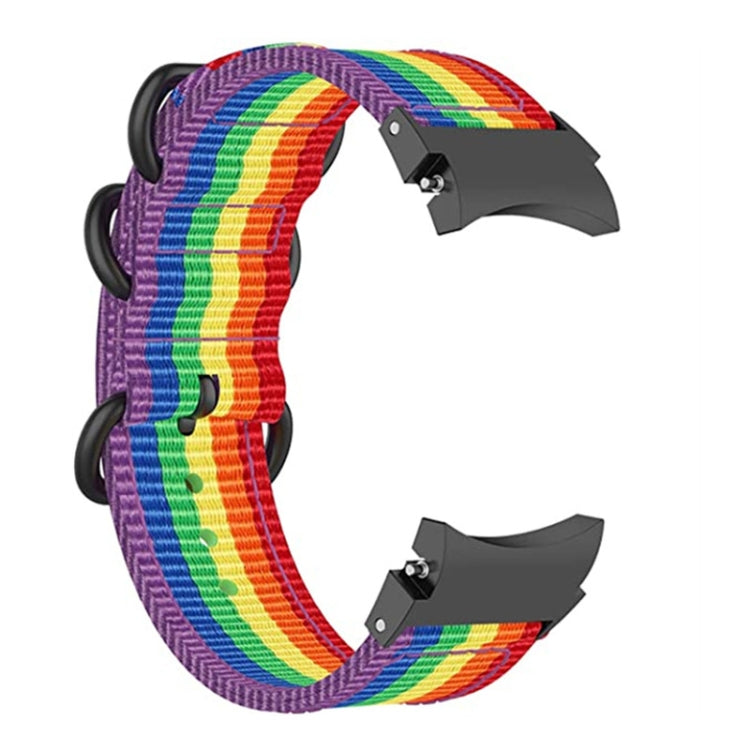 Rainbow striped three-ring nylon watch band with adjustable strap and metal clasp