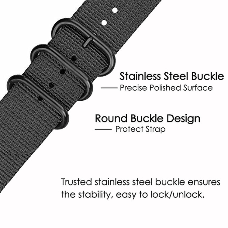 Black woven nylon watch strap with round buckle and loop holes