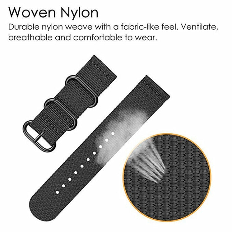 Black woven nylon watch strap with round holes and textured fabric weave