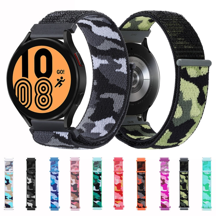 Camo nylon loop watch bands with black adapters, multiple color styles displayed