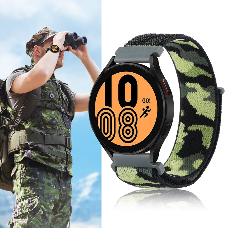 Green camouflage nylon loop watch band on smartwatch with black case, outdoor style