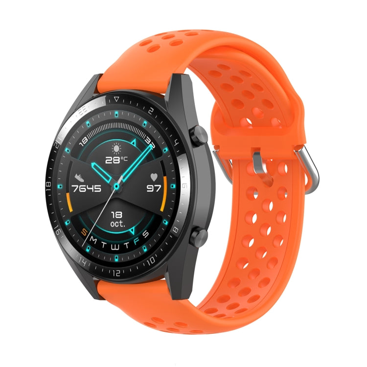 Orange sport watch strap with perforated band and metal buckle clasp