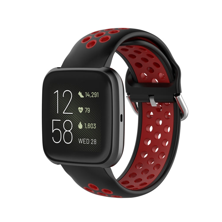 Two-color sport watch band in black and red, perforated strap with metal clasp