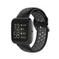 Two-color sport watch band in black and gray, perforated strap with metal clasp