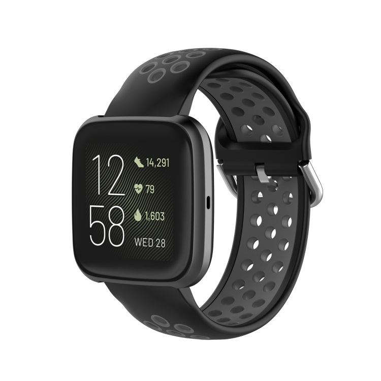 Two-color sport watch band in black and gray, perforated strap with metal clasp
