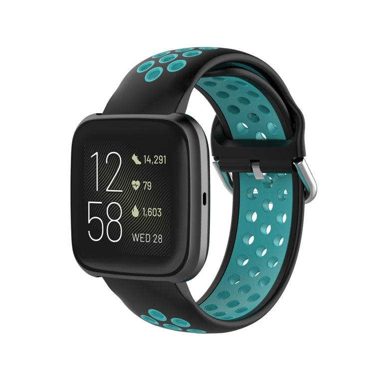 Two-color sport watch band in black and teal, perforated strap with metal clasp