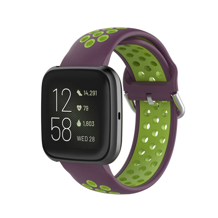 Sport watch strap for Fitbit Versa in purple and light green, perforated holes with clasp