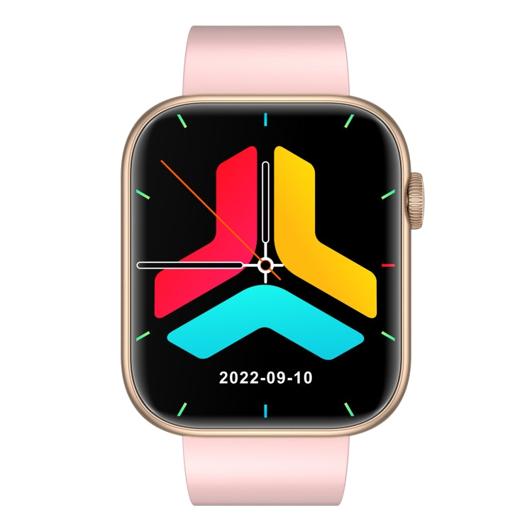 Smartwatch with pink silicone strap and gold case, displaying a colorful analog-style watch face