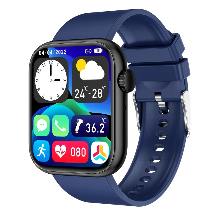 Smartwatch with blue silicone strap and gold-toned bezel, displaying a temperature-style smartwatch screen