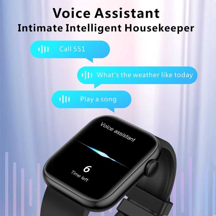 Black smartwatch with dark screen tilted view, showing voice assistant interface