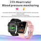 Two smartwatches showing heart-rate and blood-pressure monitoring screens