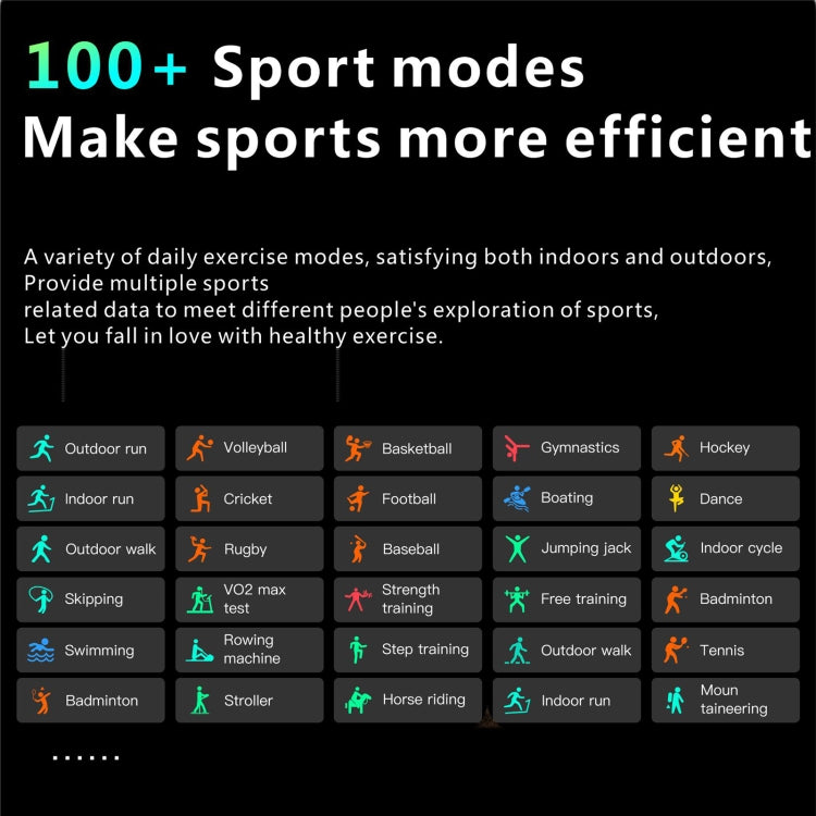Black smartwatch with screen text “100+ sport modes”