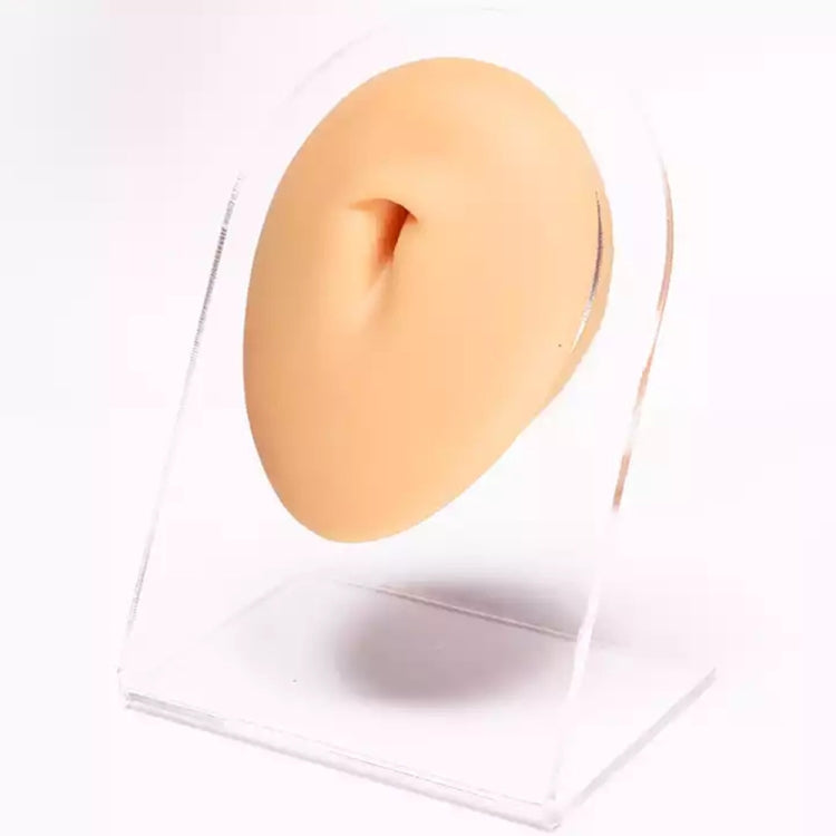 Flesh-tone silicone facial feature insert on clear stand with central opening