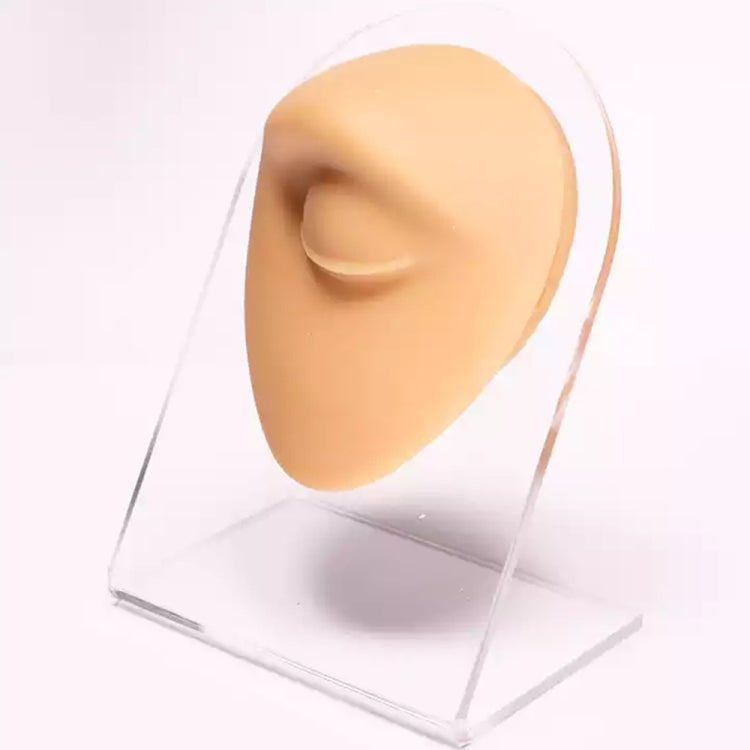 Flesh-tone silicone facial feature insert on clear stand with small curved cutout