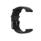 Breathable silicone watch strap with perforations in black, showing side profile and buckle