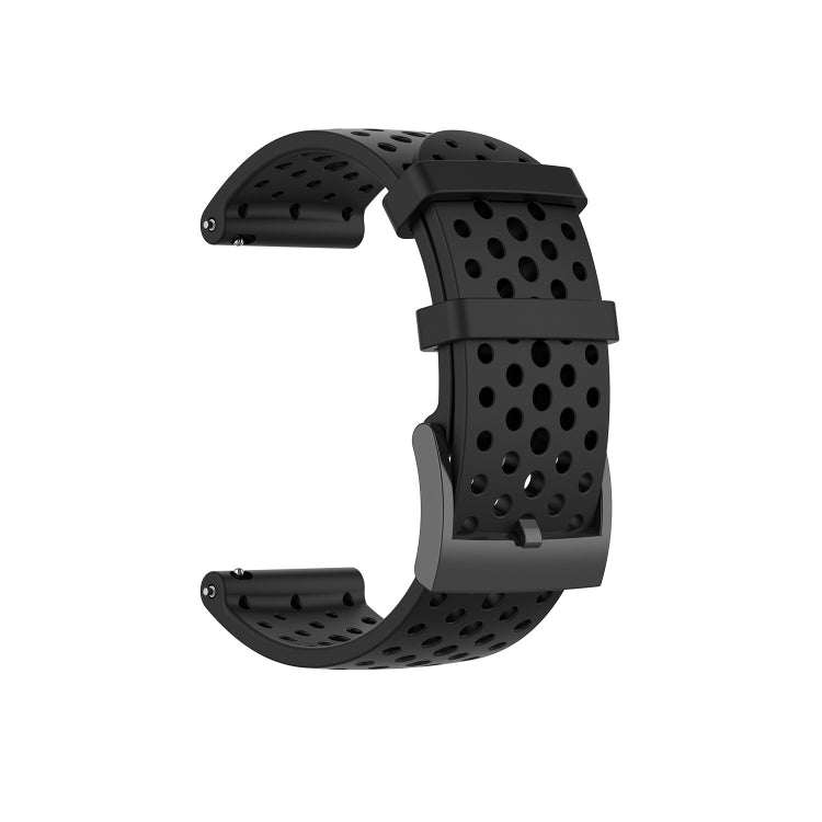 Breathable silicone watch strap in black with perforated band and adjustable clasp