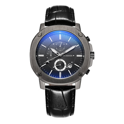 Men's multifunction watch with black leather strap, silver case, dark dial with blue accents.