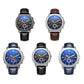 Set of men's multifunction watches with blue dials and leather straps, metal cases.