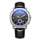 Men's multifunction watch with black leather strap, brushed silver case, blue-accent dark dial.