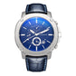 Men's multifunction watch with blue leather strap, silver case, bright blue dial and subdials.