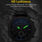 Men's multifunction watch showing green luminous hands on a dark dial with black leather strap.