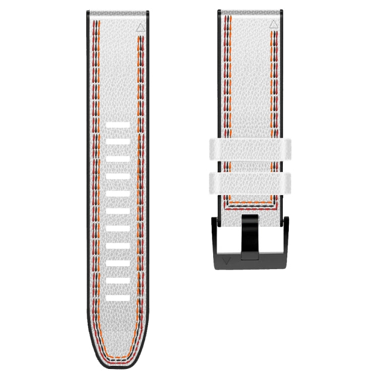 White silicone leather watch band with orange tricolor stitching, shown flat with buckle