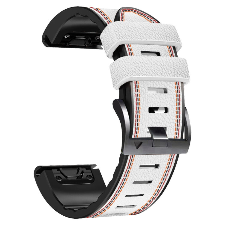 White silicone leather watch band with tricolor stitching and black quick-release lugs