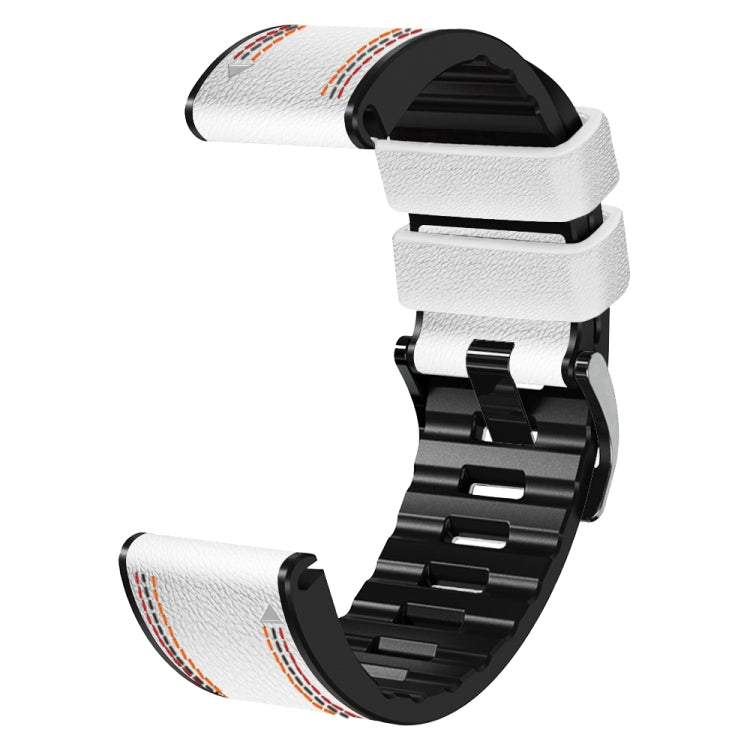 White silicone leather smartwatch band with tricolor stitching and black deployment clasp