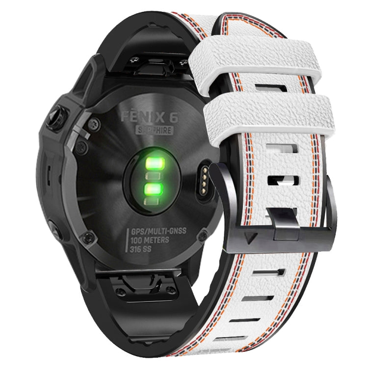 White silicone leather watch band with tricolor orange stitching, shown with illuminated lights