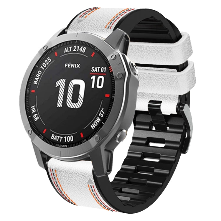 White silicone leather smartwatch band with tricolor orange stitching and black watch buckle