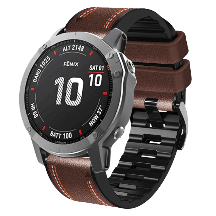 Brown silicone leather watch band with orange tricolor stitching and black clasp strap