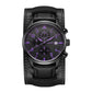 Purple-accent leather multifunction quartz watch with purple dial, chronograph subdials, date window