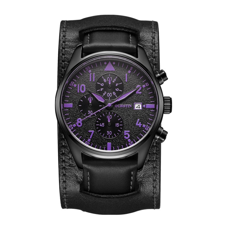 Purple-accent leather multifunction quartz watch with purple dial, chronograph subdials, date window