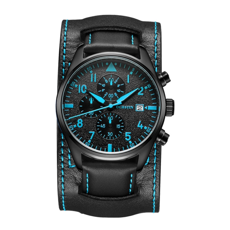 Blue-accent leather multifunction quartz watch with blue dial, chronograph subdials, date window