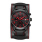 Red-accent leather multifunction quartz watch with red dial, chronograph subdials, date window
