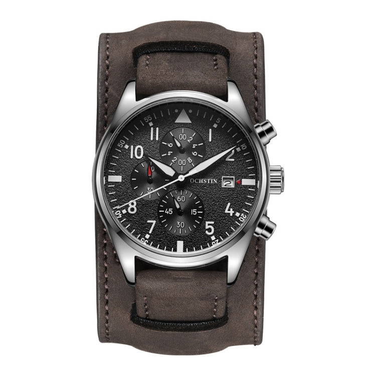 Dark brown leather multifunction quartz watch with black dial, chronograph subdials, date window
