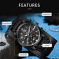 Black leather multifunction quartz watch with black dial, chronograph subdials and date window