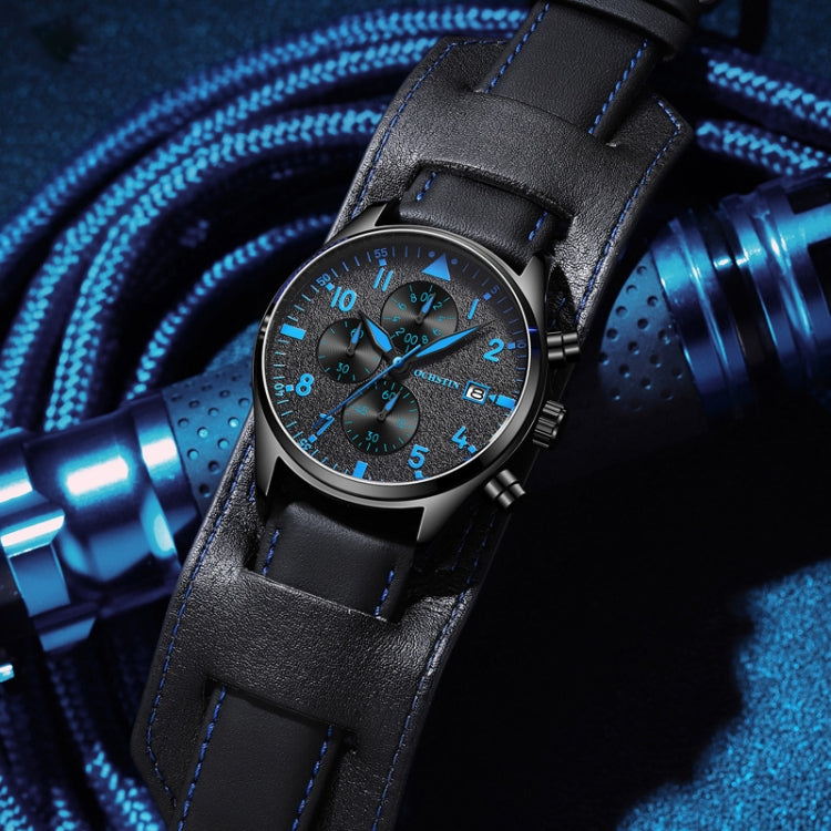Blue leather multifunction quartz watch close-up with blue dial, chronograph subdials, date window