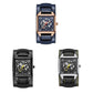 Three skeleton mechanical watches shown: rose gold blue, black black, silver black