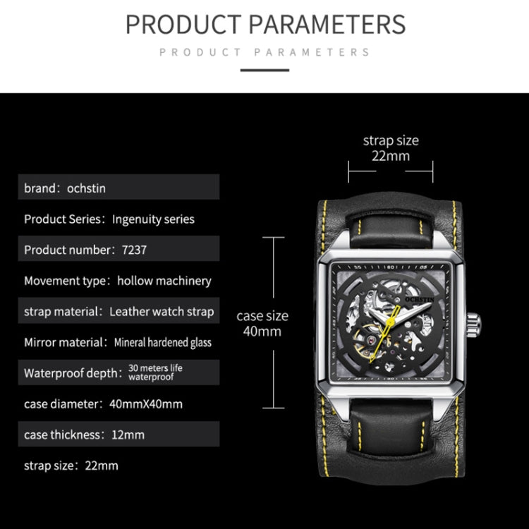 Black skeleton mechanical watch with black leather strap and yellow stitching detail
