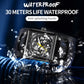 Black skeleton mechanical watch on wrist with blue splash water effect, yellow hands