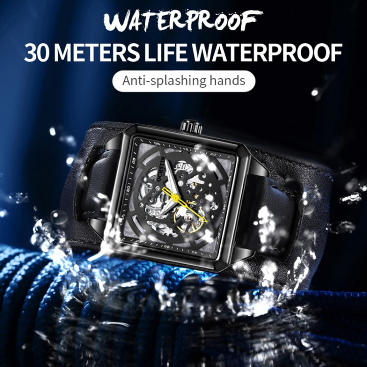 Black skeleton mechanical watch on wrist with blue splash water effect, yellow hands